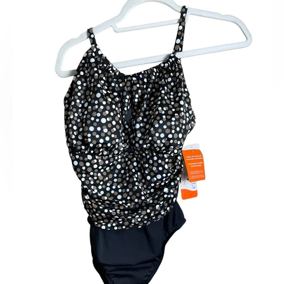 CATALINA Suddenly Slim Swimsuit Bathing Suit Black Brown Ivory Polka Dot Size M - Picture 1 of 10